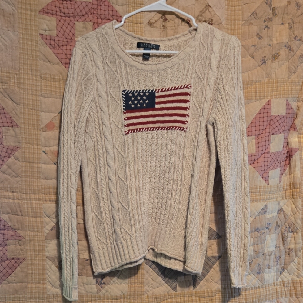 Ralph Lauren Beige Cable Knit Sweater with American Flag